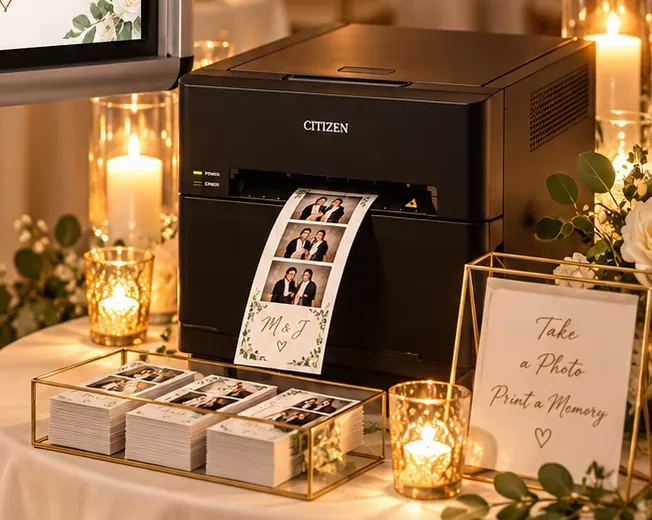 Fotodrucker mit frisch gedrucktem Fotostreifen und gestapelten Fotobox-Ausdrucken